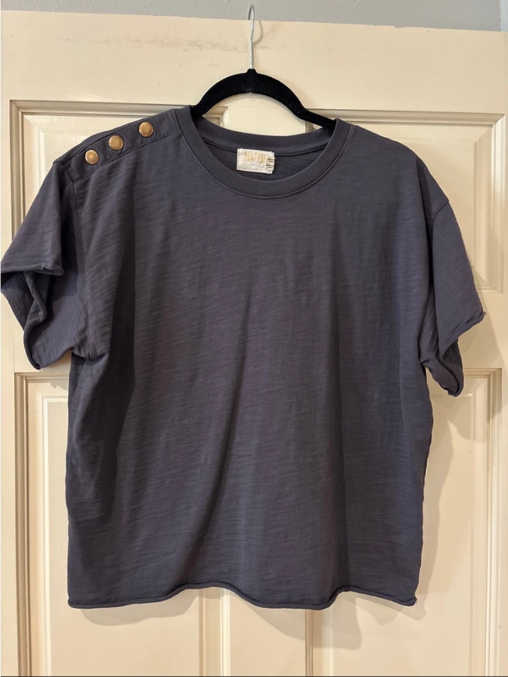 Nation LTD Slate Blue Short Sleeve Tee with Gold Shoulder Buttons